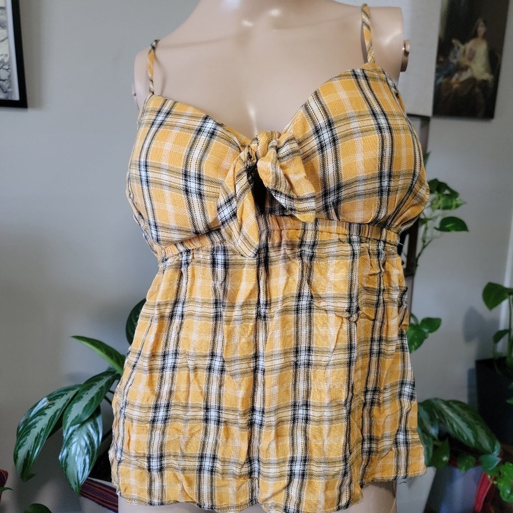 Yellow Plaid Tie-Front Top
